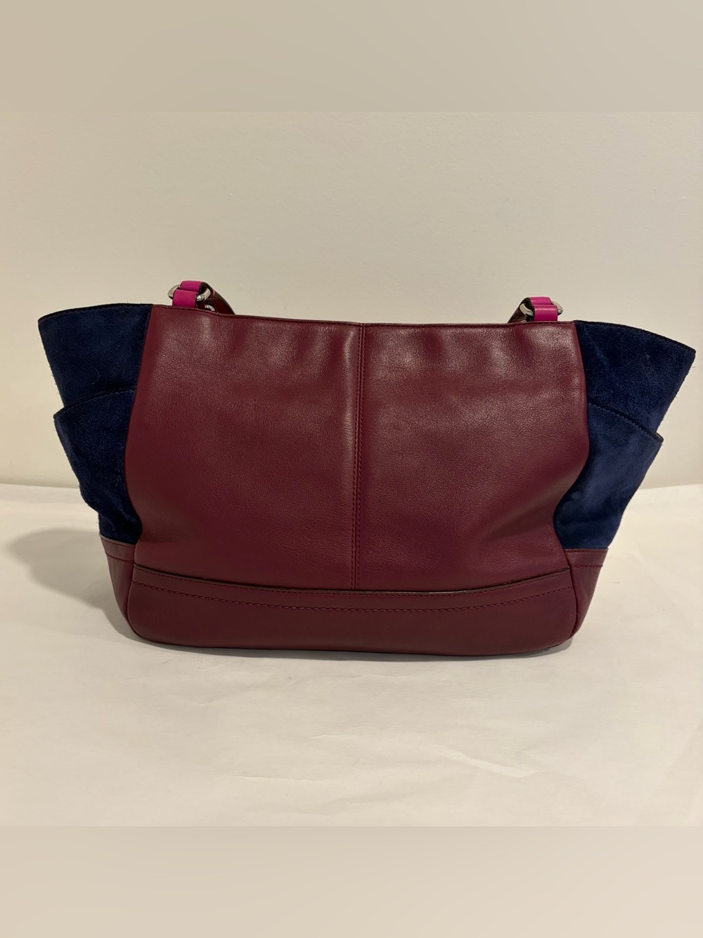 Coach #F24693 Colorblock Leather Tote Bag in Fuchsia, Burgundy & Navy - Picture 10 of 16